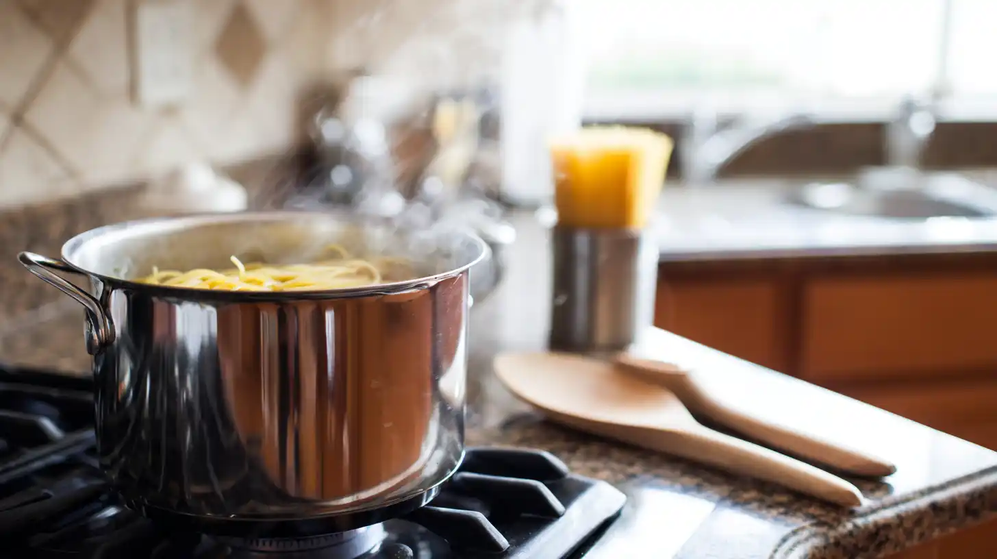 Image-step1-boil-pasta-creamy-mozzarella-chicken-linguine Boiling linguine pasta in a large pot for creamy mozzarella chicken linguine recipe – ideal for quick weeknight meals and easy chicken pasta dishes.Image-step1
