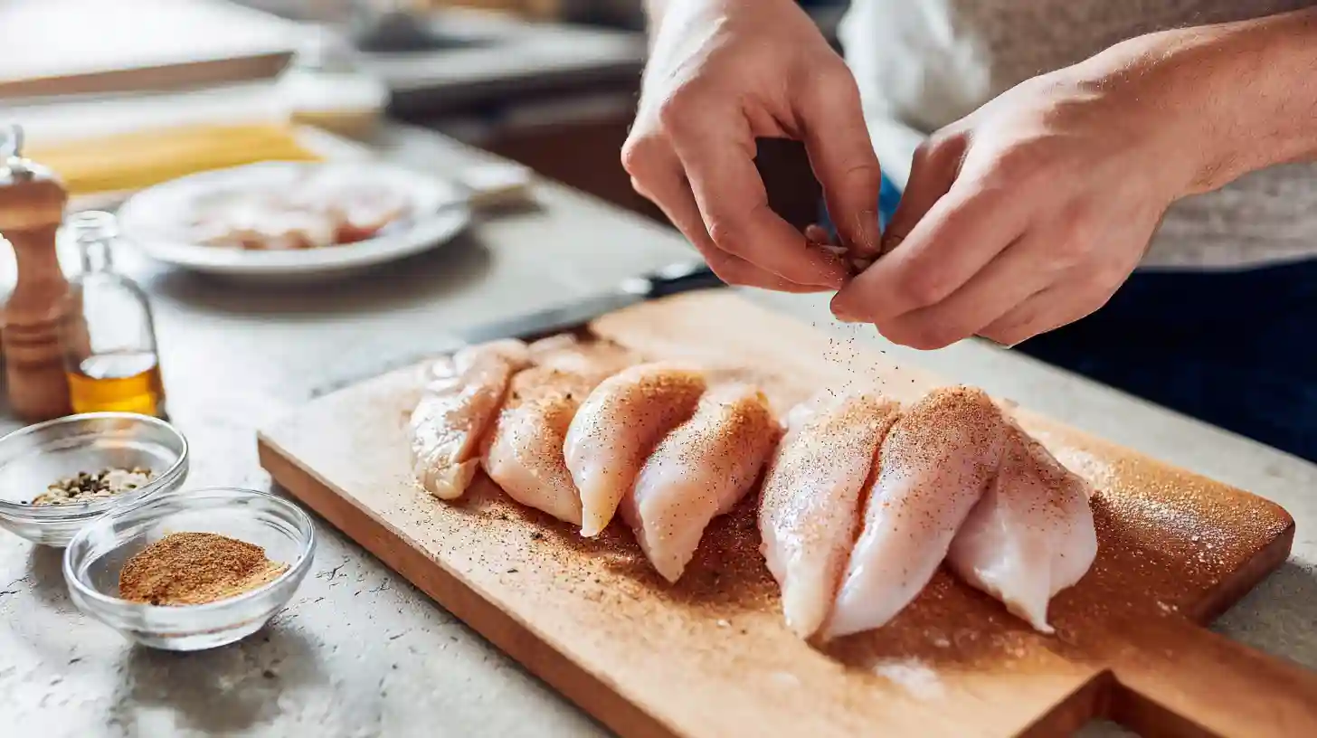 Image-step2-slice-season-chicken-creamy-mozzarella-linguine Sliced chicken seasoned with Cajun spice and garlic for creamy mozzarella chicken linguine – best for high-protein family meals and creamy skillet dinners.Image-step2