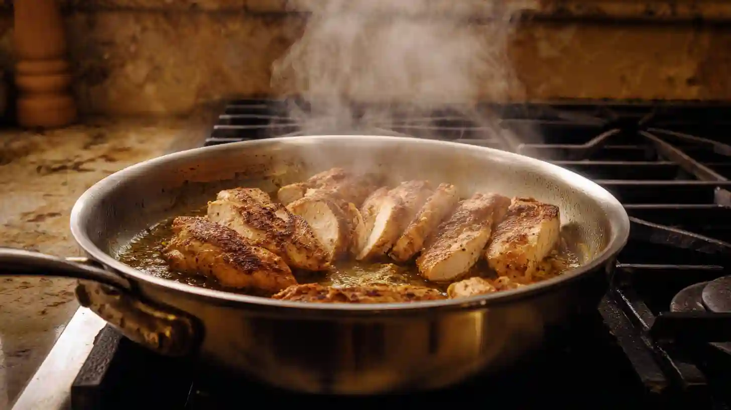 Image-step3-sear-cajun-chicken-creamy-mozzarella-linguine Cajun-seasoned chicken searing in skillet with olive oil and butter – perfect for high-protein chicken recipes and easy creamy chicken skillet dinners.Image-step3
