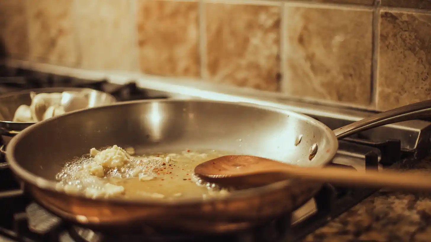 Image-step4-saute-garlic-butter-creamy-chicken-linguine Garlic and red pepper flakes sautéing in butter for creamy mozzarella chicken linguine – best for creamy garlic pasta recipes and quick skillet meals.Image-step4