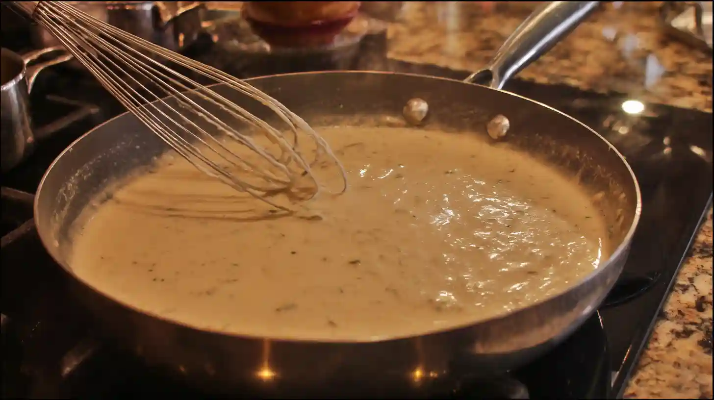 Image-step5-creamy-cajun-sauce-mozzarella-chicken-linguine Creamy Cajun chicken sauce with mozzarella and Parmesan melting in skillet – perfect for easy creamy chicken pasta recipes and comfort meals for families.Image-step5