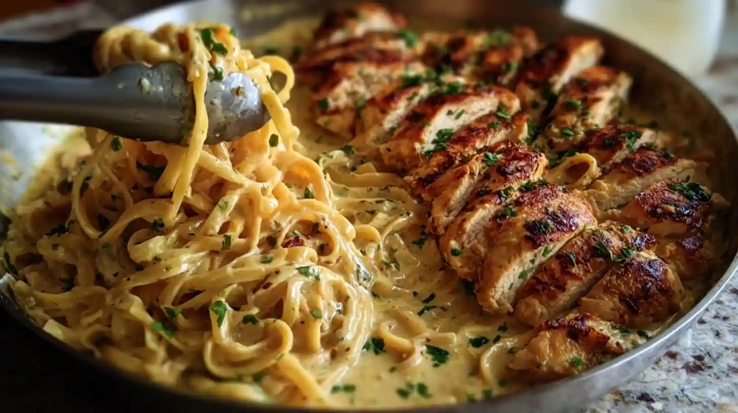 Image-step6-creamy-cajun-chicken-linguine-final-assembly Creamy Cajun chicken linguine tossed in skillet with mozzarella sauce and sliced chicken – perfect for easy creamy chicken pasta dinners and family comfort meals.Image-step6