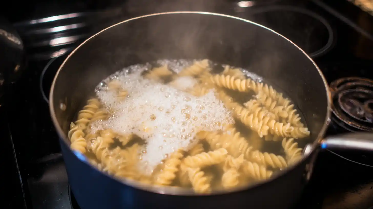 Rotini-ipasta-iboiling-iin-isalted-iwater-image Step 3 Rotini pasta boiling in salted water Steam rises above the bubbling water.image Step 3 – quick dinner ideas on a budget
