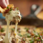 Tortilla chip lifting cheesy Bacon Cheeseburger Queso Dip Recipe