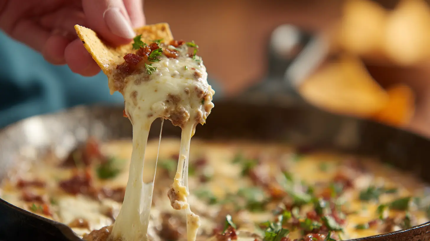 Serving-Cheeseburger-Queso-dip-Recipe Tortilla chip lifting cheesy Bacon Cheeseburger Queso Dip Recipe