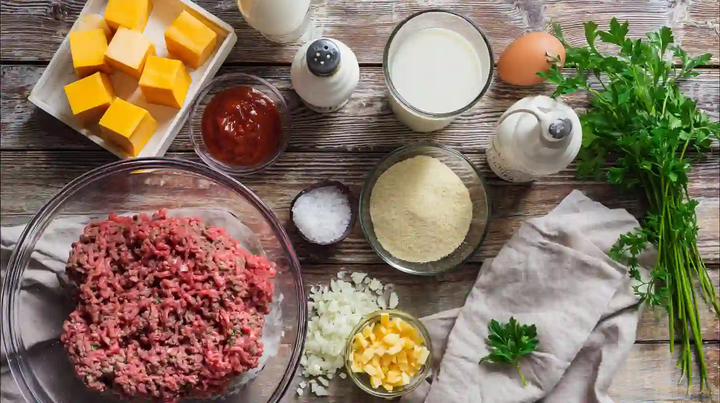 Simple-cheesy-stuffed-meatloaf-bites-recipe-ingredients Simple cheesy stuffed meatloaf bites ingredients for kid-friendly beef dinner recipe