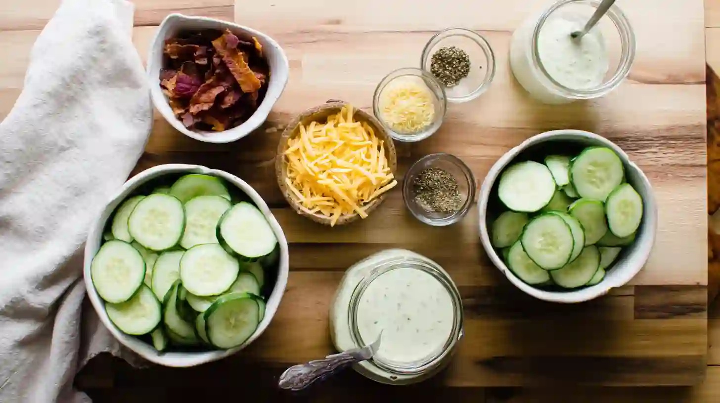a-snack-that-hits-the-spot-recipe-ingredients Ingredients for a snack that hits the spot recipe including cucumbers, cheese, bacon, ranch dressing, and seasonings.easy low-carb snack ideas