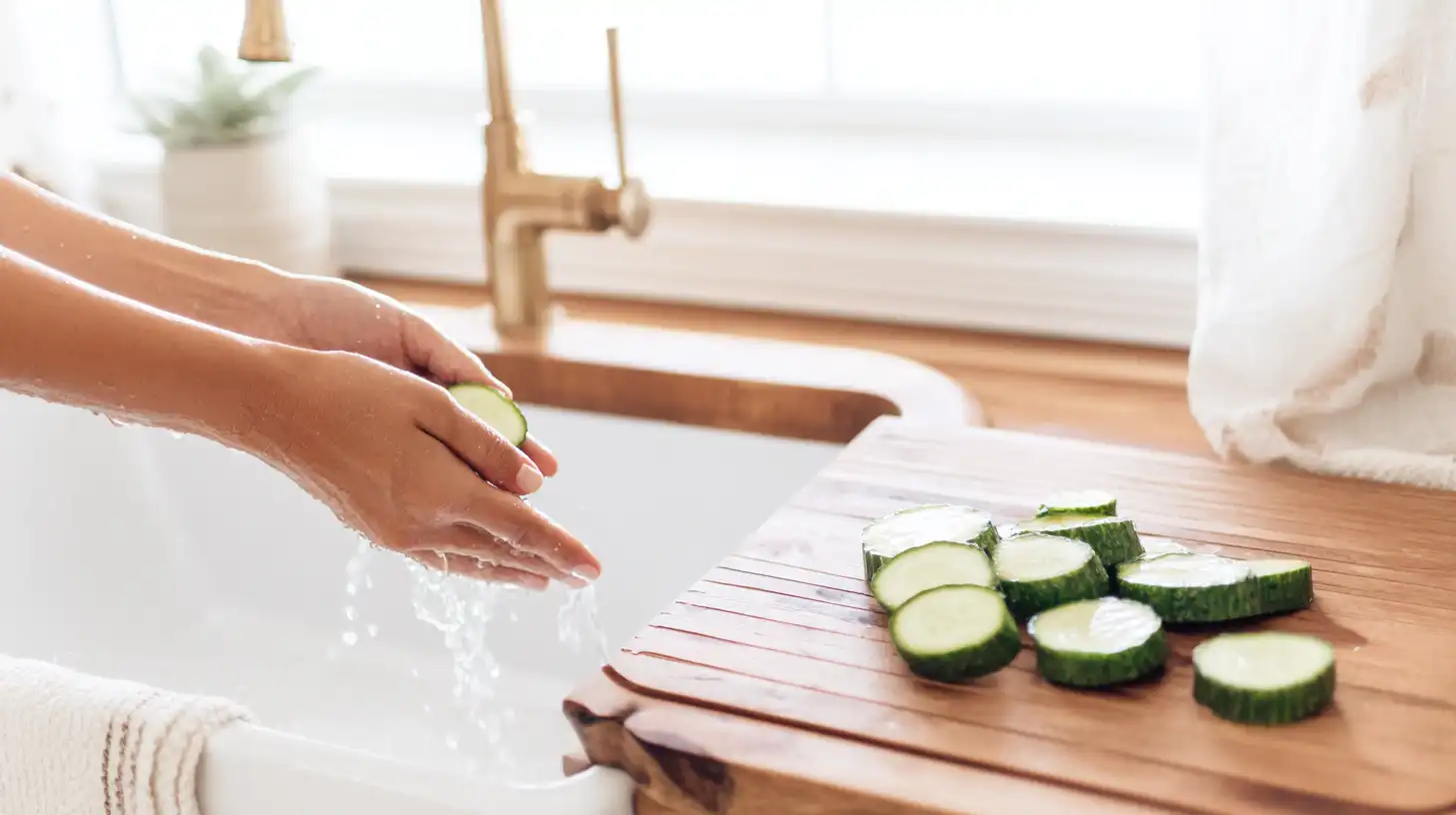a-snack-that-hits-the-spot-recipe-step1-slice-cucumbers How to prep a snack that hits the spot recipe by washing and slicing cucumbers – healthy cucumber snacks idea