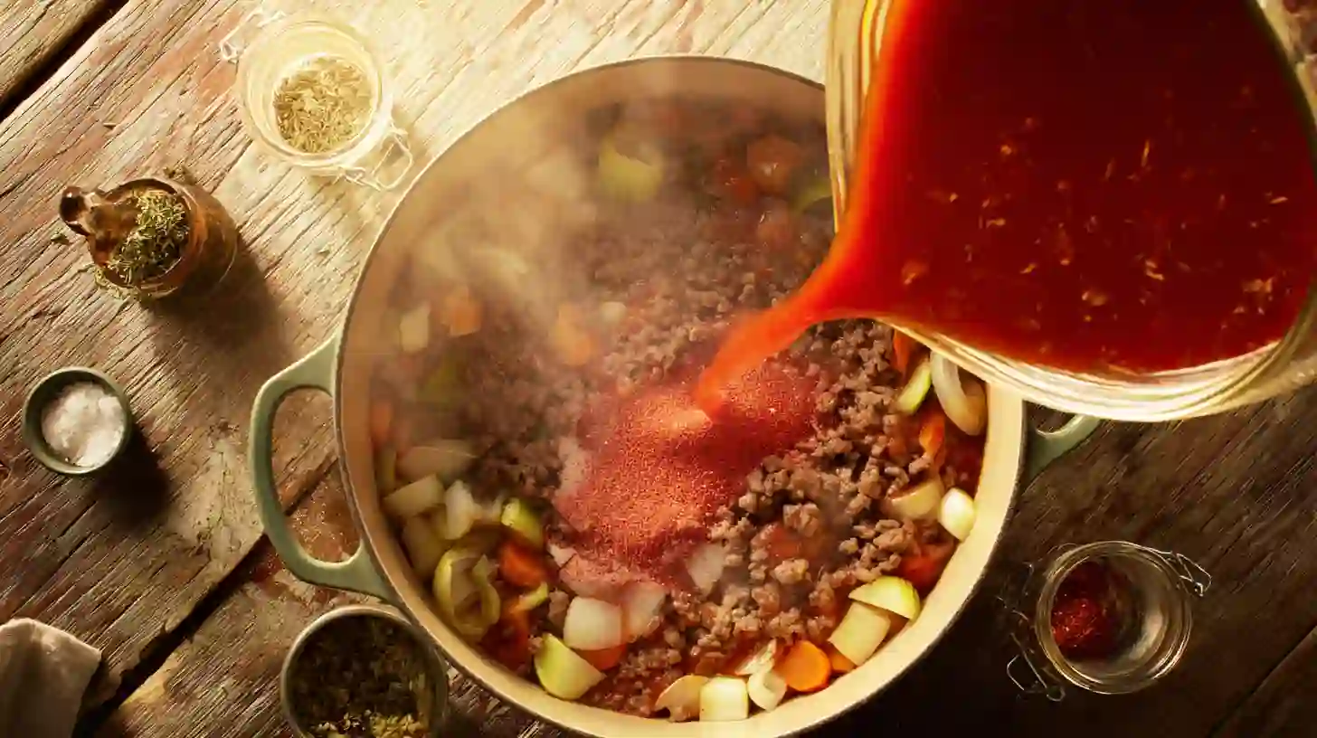 add-broth-tomato-campfire-stew Pouring broth and tomato sauce into campfire stew