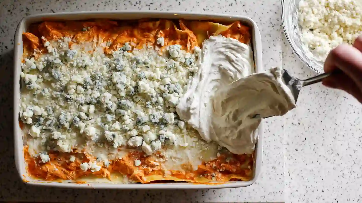add-cheese-layers-buffalo-lasagna-step5 Ranch-ricotta mix and cheese being layered on lasagna noodles