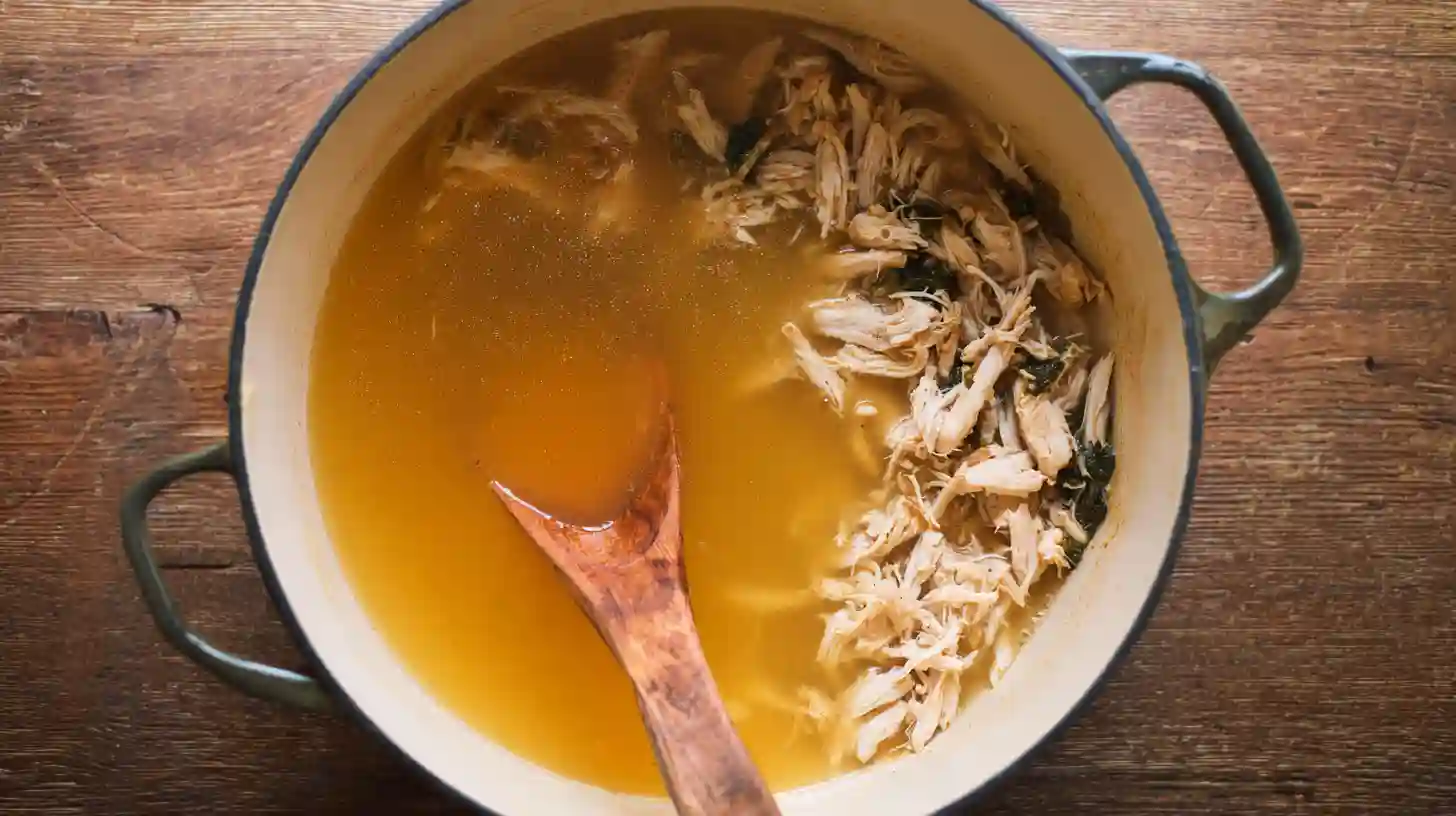 add-chicken-broth-poblano-rellenos-soup Adding shredded chicken and chicken broth to poblano soup base