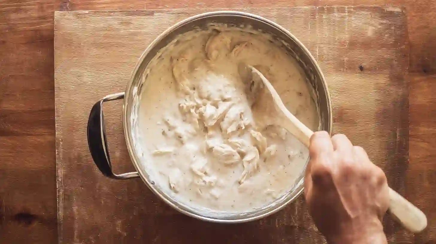 add-cooked-chicken-creamy-chicken-recipes Stirring rotisserie chicken into Alfredo for creamy chicken recipes and budget-friendly meals