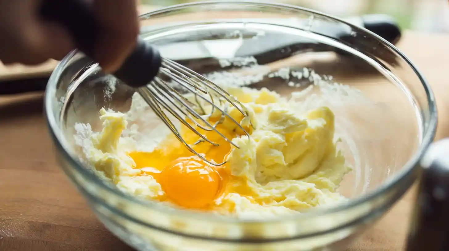 add-egg-vanilla-cookie-dough Adding egg and vanilla to creamed butter and sugar for cookies