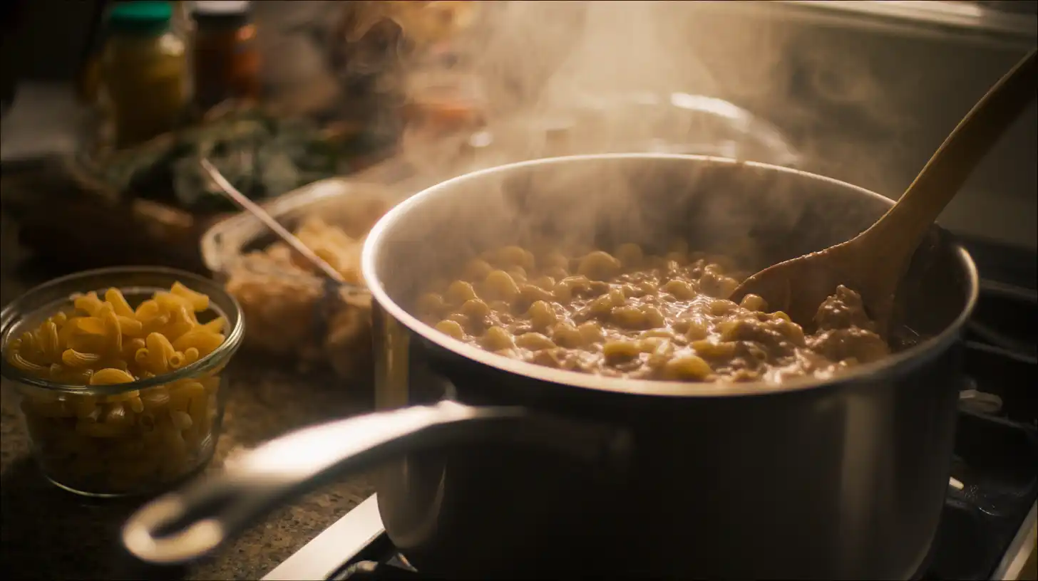 add-elbow-macaroni-creamy-one-pot-cajun-pasta Stirring uncooked elbow macaroni into creamy beef sauce – one pot pasta for busy families.Creamy One Pot Cajun Beef and Cheddar Pasta