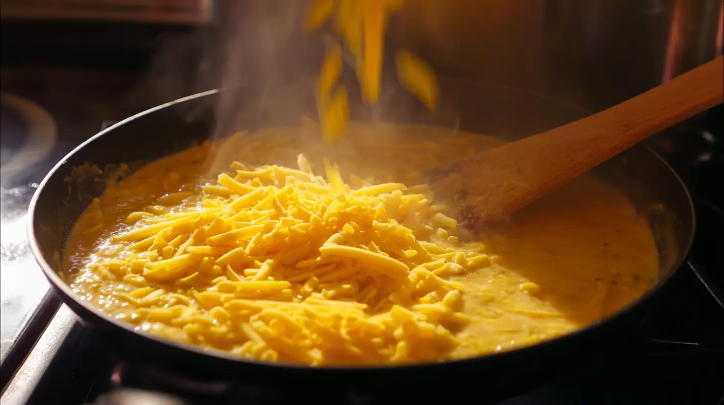 add-flavor-cheddar-step4 Shredded cheddar melting into creamy Cajun sauce