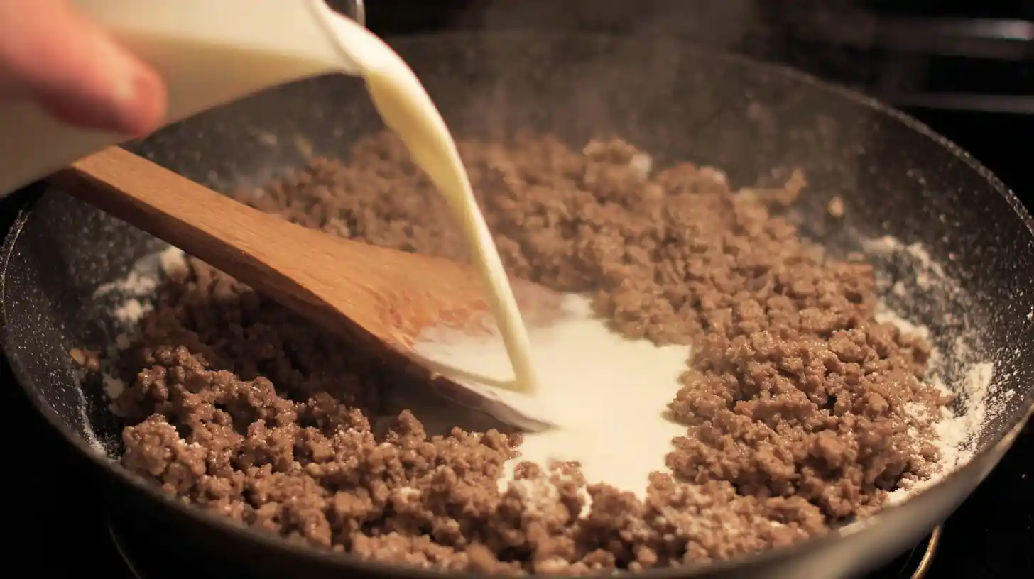 add-flour-milk-beef-skillet-step2 Stirring flour and milk into browned beef to make sauce