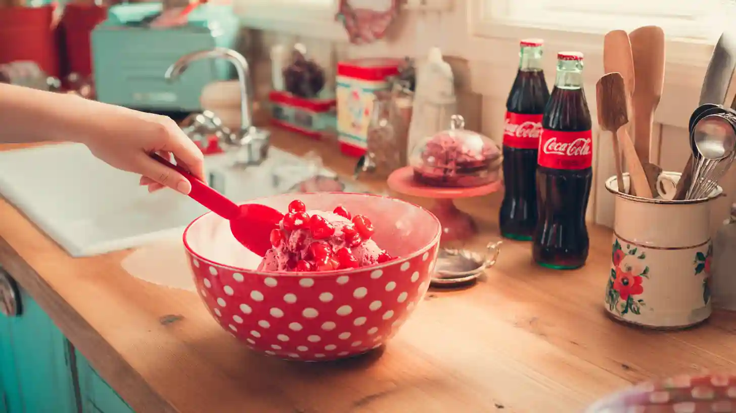 add-maraschino-cherries-cherry-cola-ice-cream-recipe Stirring chopped maraschino cherries into cherry cola ice cream mix – homemade frozen dessert recipe