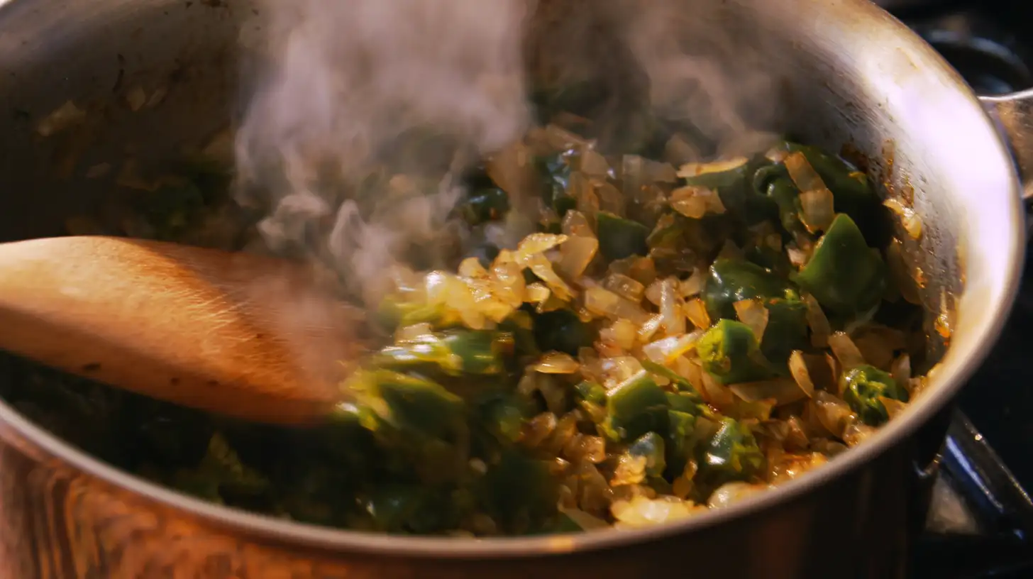 add-poblano-cumin-creamy-soup Stirring roasted poblano peppers and cumin into sautéed onions and garlic