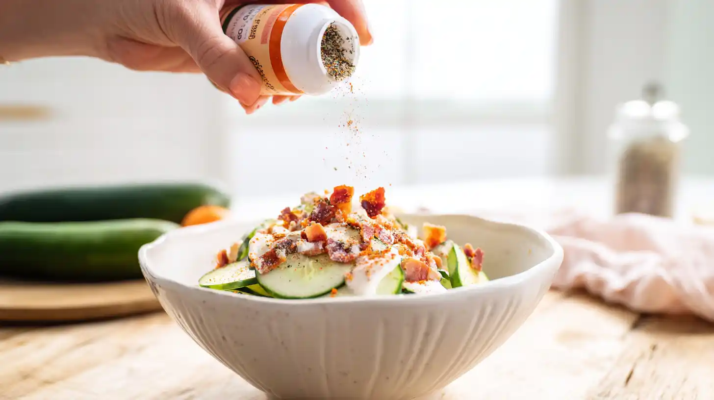 add-seasoning-cucumber-snack-recipe-step5 Sprinkling seasoning over high protein gluten-free cucumber snack with bacon and cheese, perfect healthy snack for low-carb diet and diabetic snack ideas