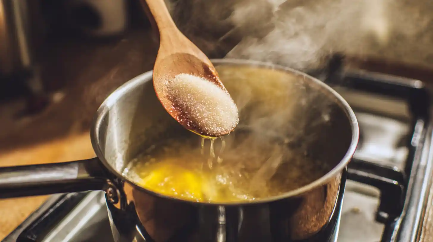 add-sugar-lemon-jam Adding sugar to simmering lemons in Italian lemon jam using organic sugar alternatives for budget family meals and natural food preservation