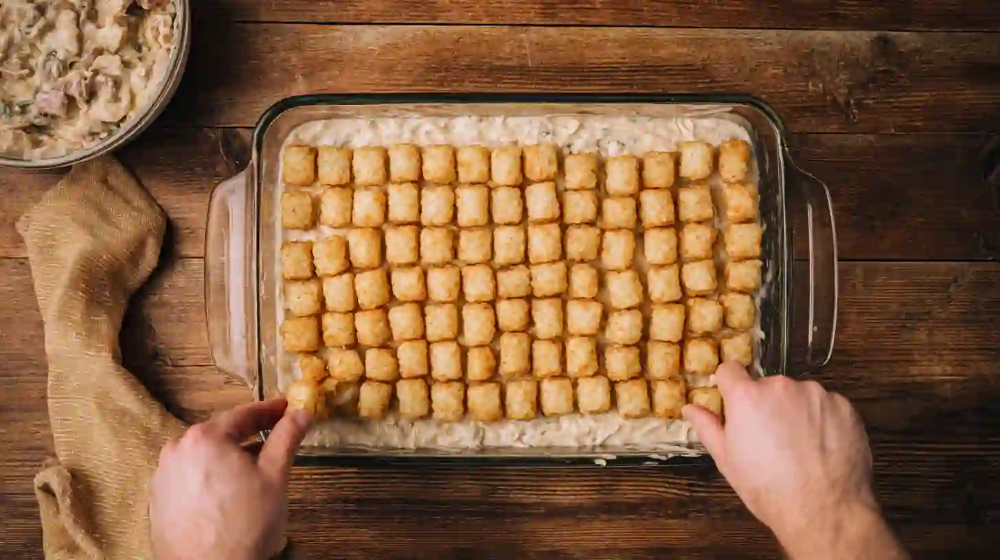add-tater-tots-casserole-recipes Laying frozen tater tots on creamy casserole for casserole recipes with tater tots and budget-friendly meals