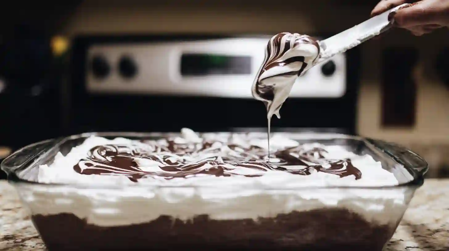 add-topping-and-chill-layered-dessert Adding whipped topping and chocolate swirl to finish One of the Best Desserts Ever Healthy