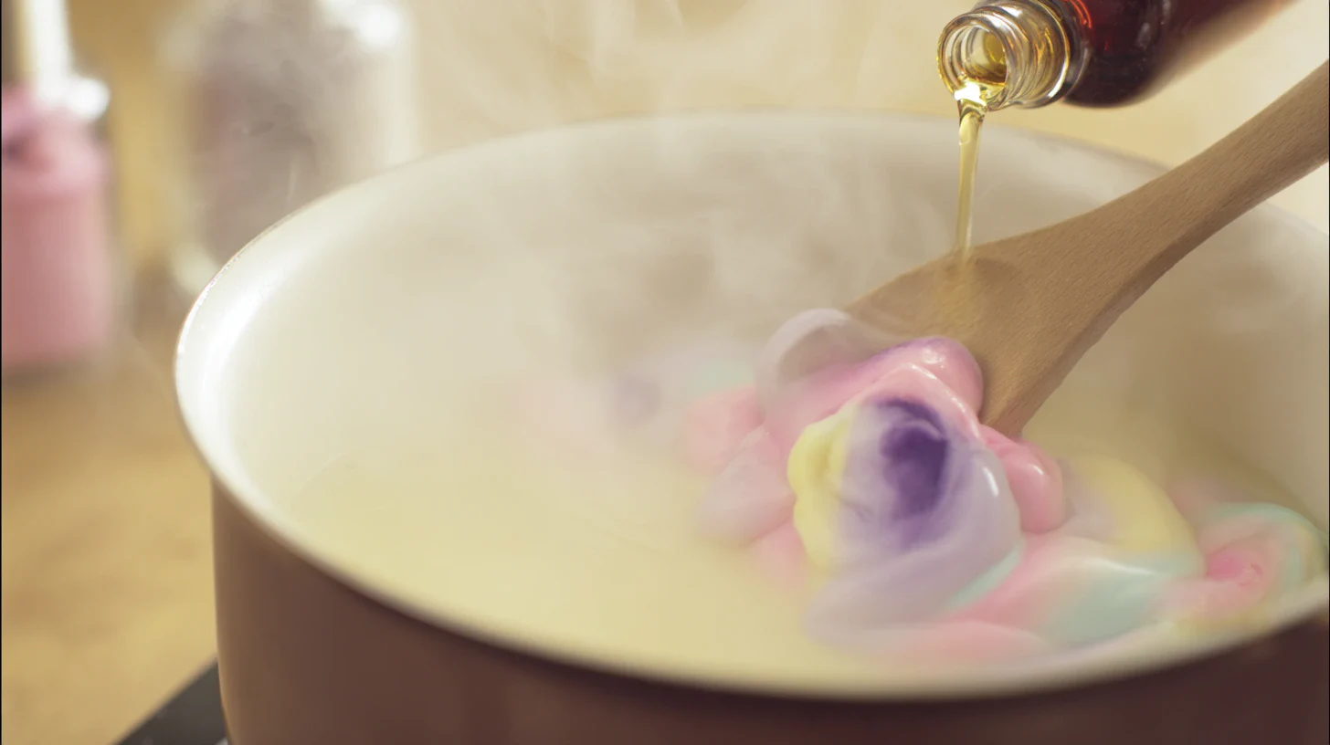 add-vanilla-food-coloring-taffy-mixture Stirring vanilla and food coloring into hot taffy syrup