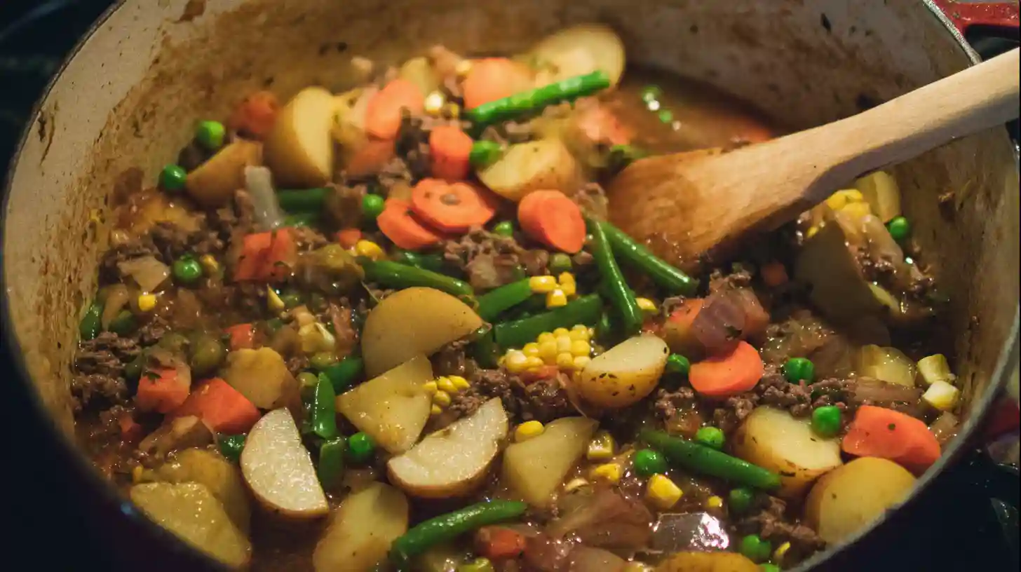 add-vegetables-campfire-stew Adding vegetables to browned beef for hearty campfire stew