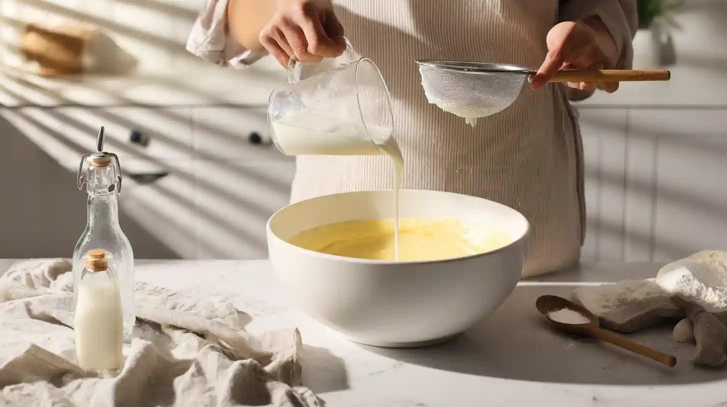 adding-buttermilk-and-flour-pound-cake Alternating flour and buttermilk for homemade strawberry coconut cream cheese pound cake batter