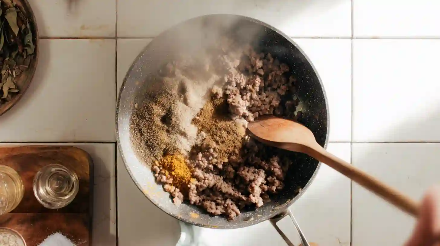 adding-cajun-seasoning-to-ground-beef-pasta Adding Cajun seasoning and garlic to ground beef for creamy Cajun pasta skillet