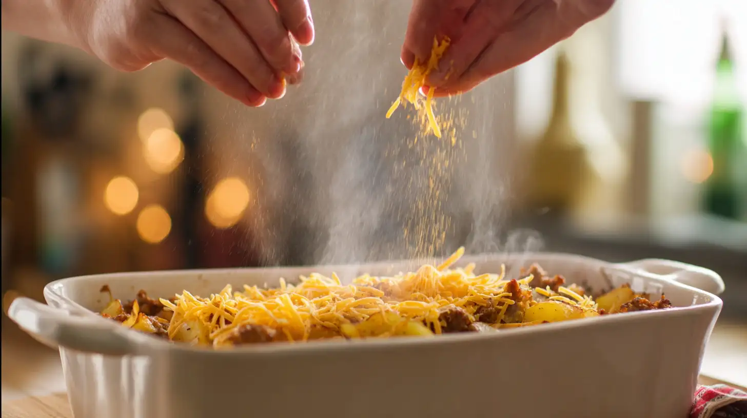 adding-cheddar-cheese-potato-sausage Sprinkling cheddar cheese on baked sausage and potatoes