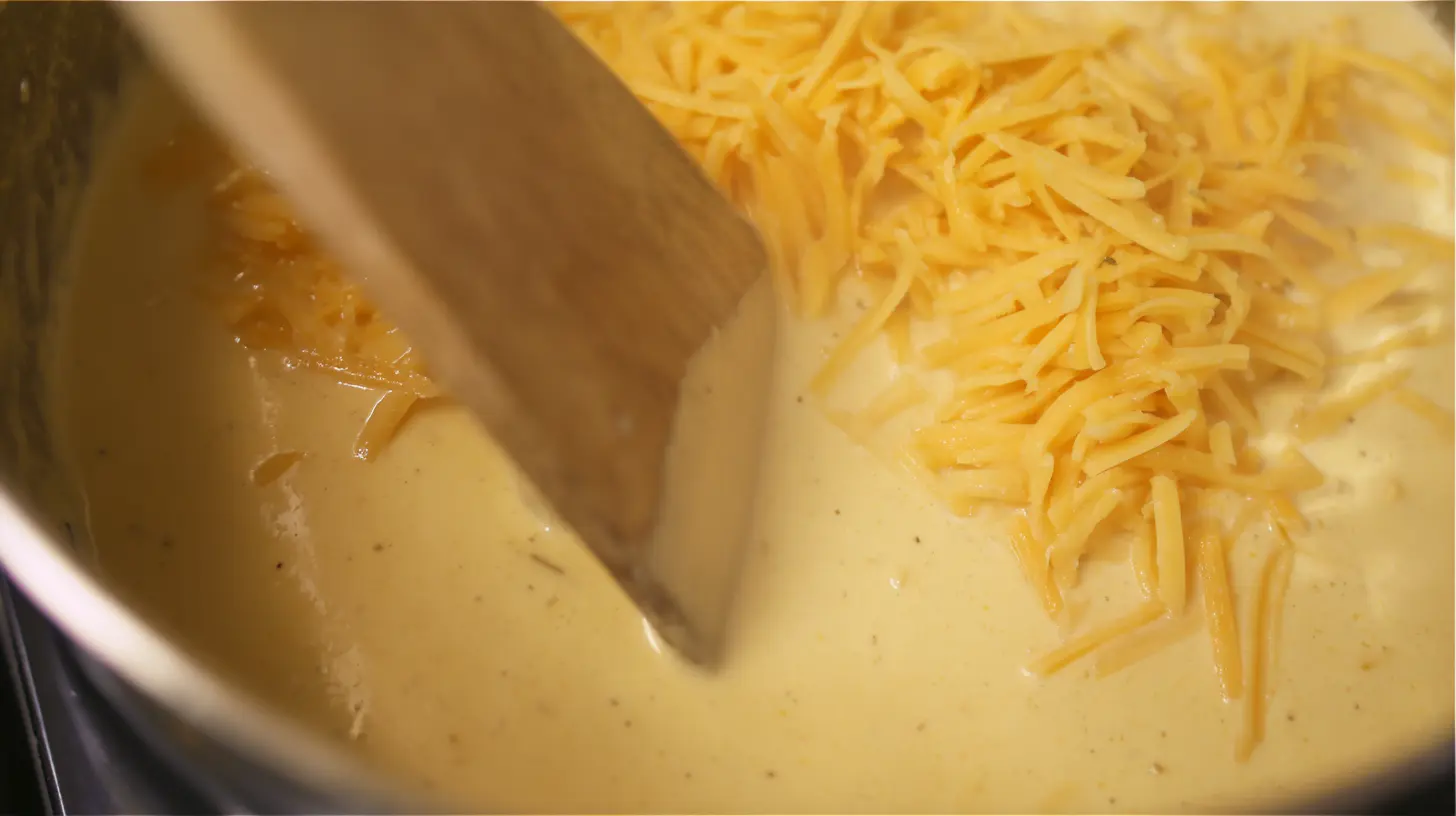 adding-cheddar-mozzarella-queso-dip Adding cheddar and mozzarella to creamy base for queso dip