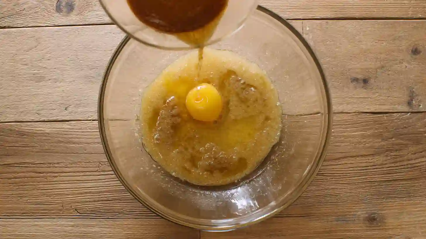 adding-egg-vanilla-to-cookie-bar-batter Cracking egg and adding vanilla to butter and sugar base