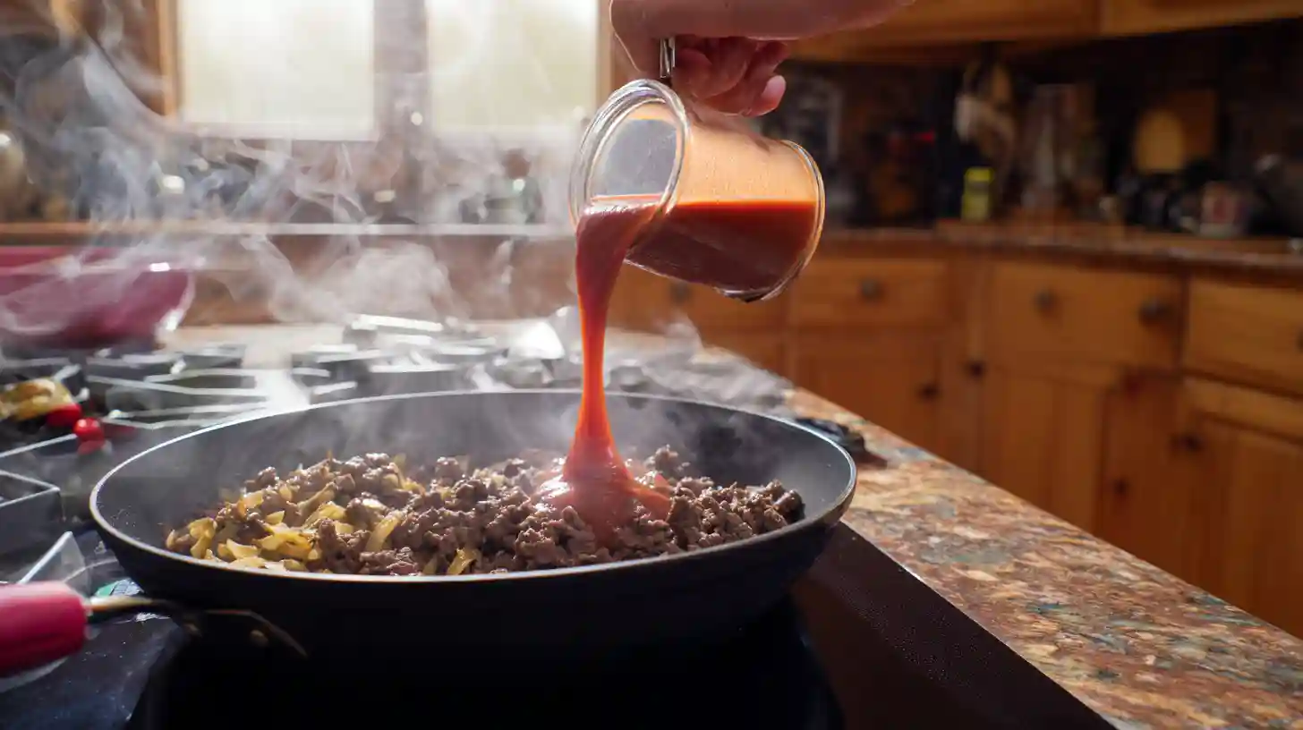 adding-sauce-broth-one-pot-tortellini pouring enchilada sauce and broth into skillet for creamy one-pan beef tortellini