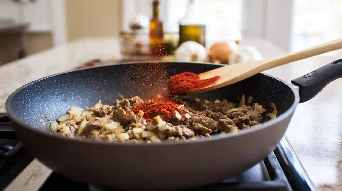 adding-spices-one-pot-enchilada-beef stirring garlic and spices into beef for one-pan enchilada skillet dinner