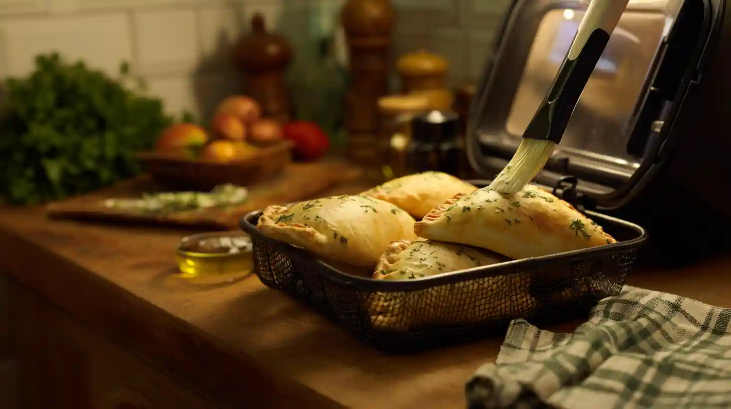 air-fry-chicken-alfredo-calzones Air frying herb-buttered chicken Alfredo calzones in a golden crispy crust