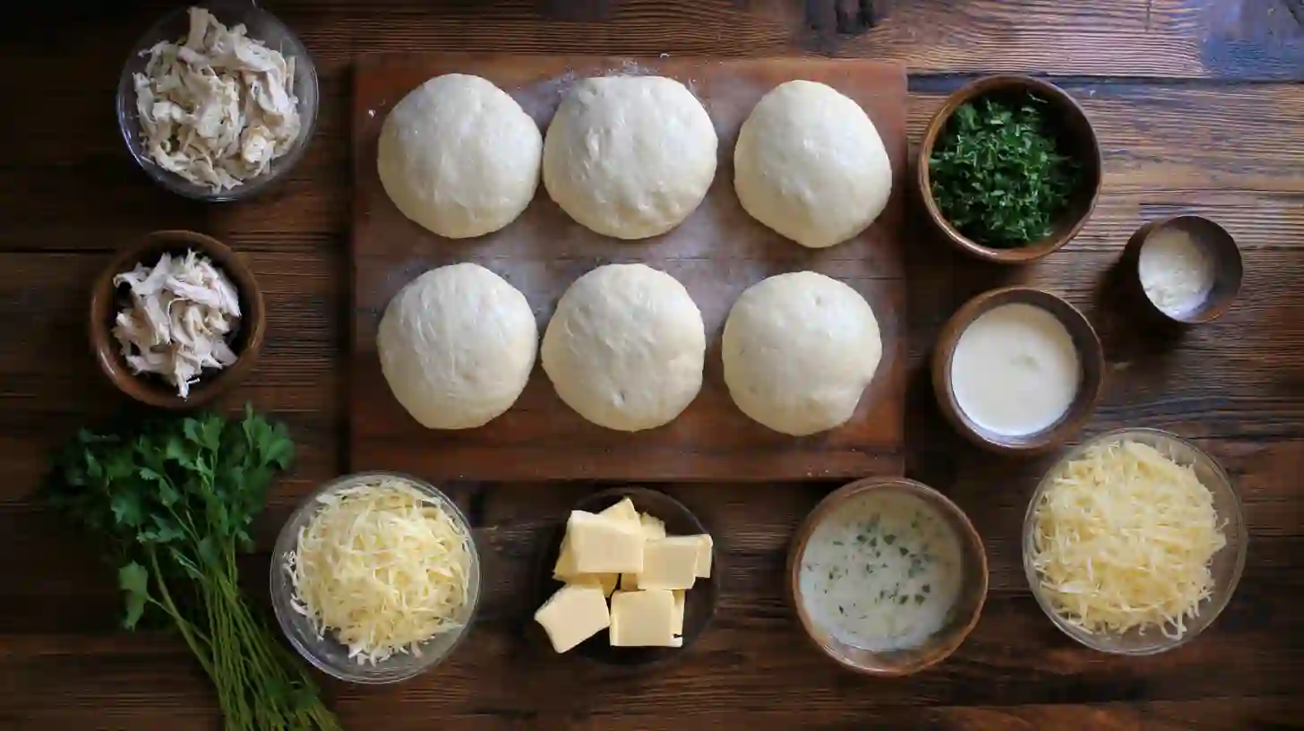 air-fryer-chicken-alfredo-calzones-recipe-ingredients Ingredients for Air Fryer Chicken Alfredo Calzones recipe on rustic wooden table.family dinners in under 20 minutes
