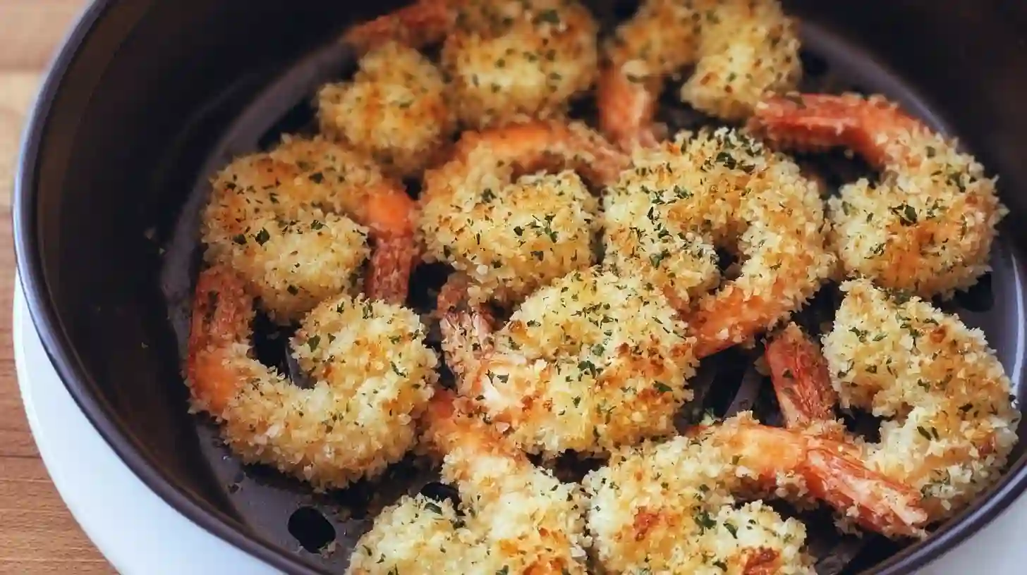 air-fryer-garlic-parmesan-shrimp-healthy-dinner-ideas-step3 Crispy breaded shrimp cooking in air fryer – healthy shrimp recipes for dinner, high-protein air fryer meals, quick family dinners under 30 minutes