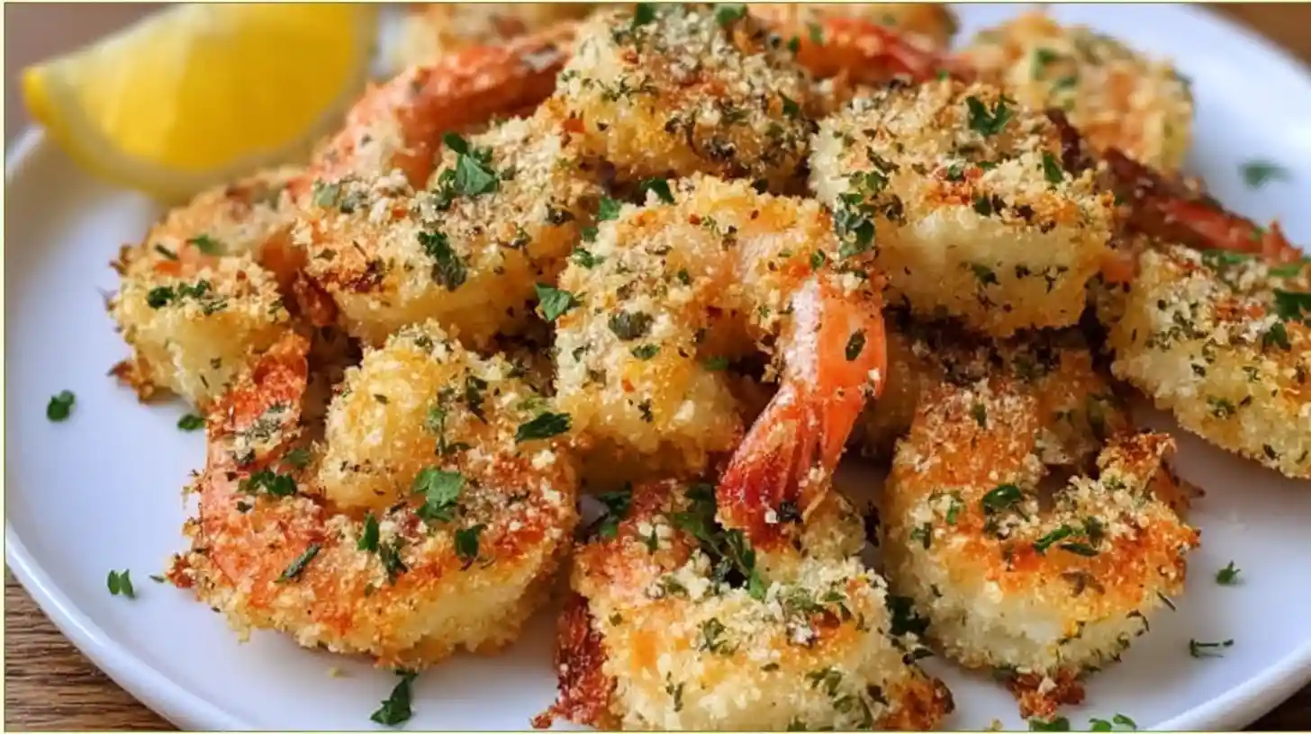 air-fryer-garlic-parmesan-shrimp-lemon-parsley-plated Golden garlic parmesan shrimp with lemon and parsley – budget-friendly seafood recipes, low carb air fryer shrimp, easy air fryer recipes for busy moms