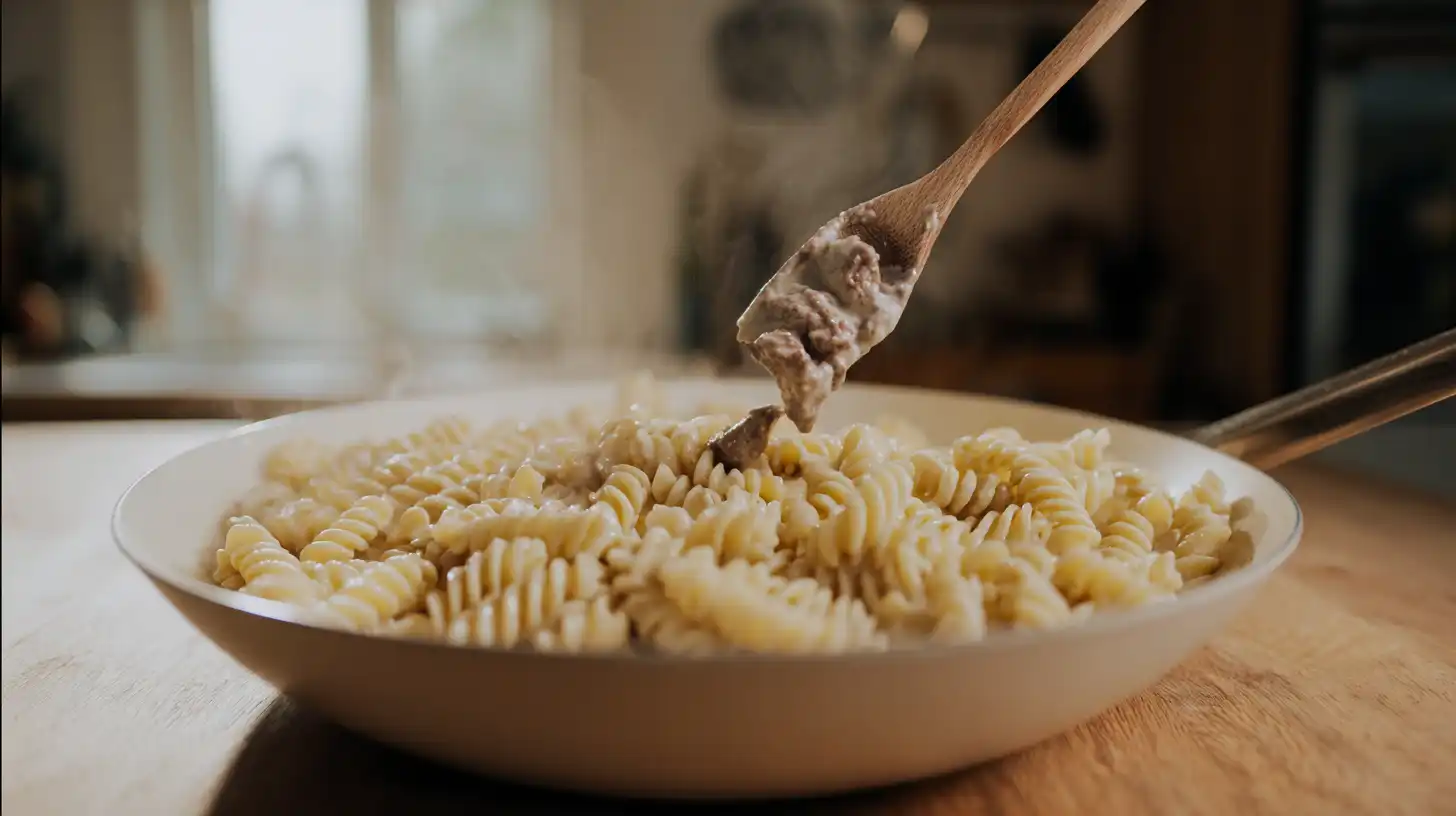 alfredo-pasta-steak-bites-plated Combining creamy Alfredo pasta with garlic butter steak bites for a high-protein family-style dinner