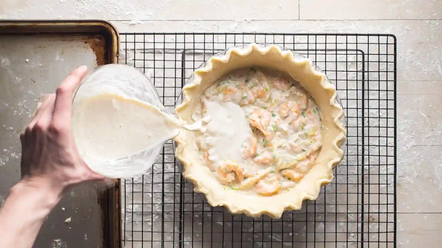 assemble-bake-florida-shrimp-pie Pouring shrimp filling into pie crust before baking