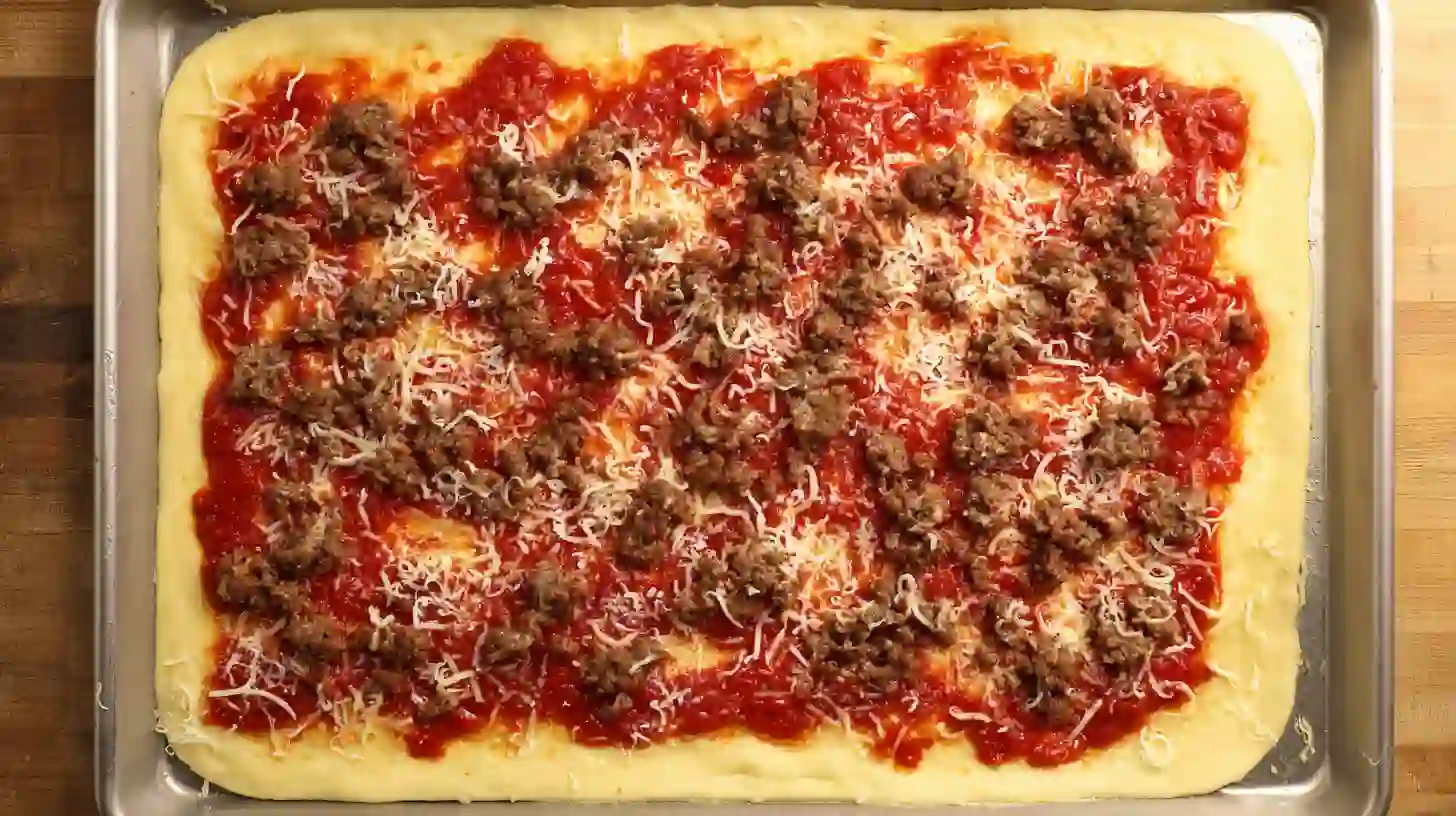 assemble-school-pizza-recipe Assembling school pizza with sauce, meat, and shredded cheese