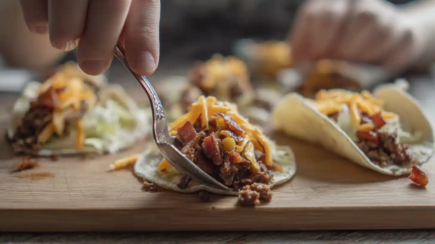 assembling-cheeseburger-tacos-beef-bacon-cheddar Assembling bacon cheeseburger tacos with beef, cheddar, and bacon – high-protein taco night idea
