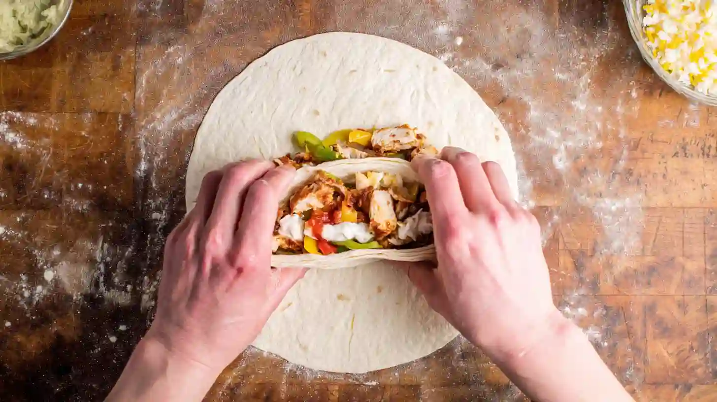 assembling-chicken-bell-pepper-ranch-burrito Building a chicken bell pepper ranch burrito with fresh filling