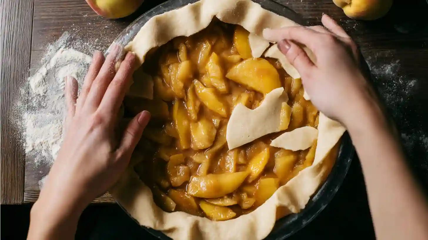 assembling-double-crust-peach-cobbler Assembling peach cobbler with layered filling and sealing the top crust