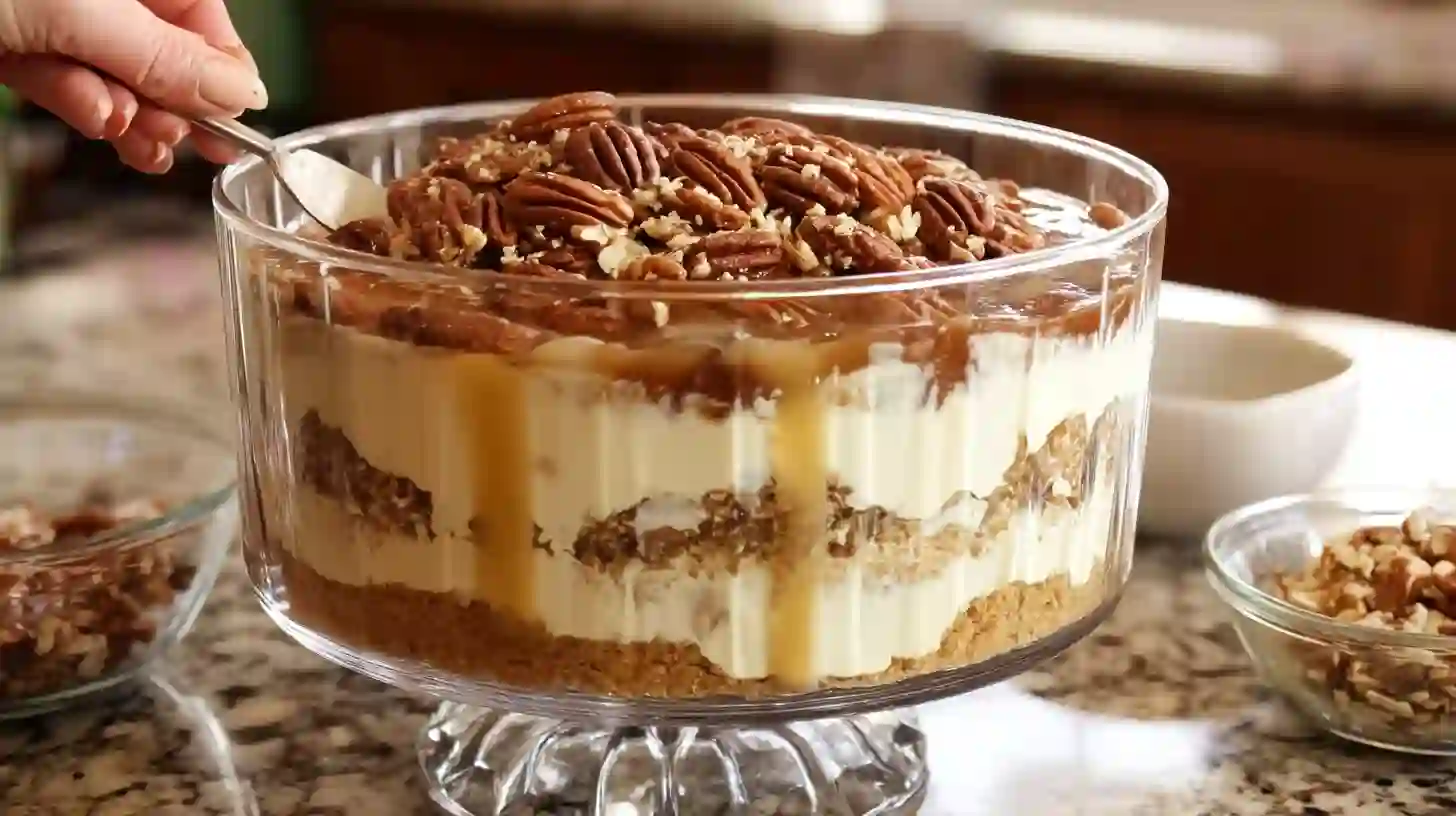 assembling-easy-pecan-pie-cheesecake-trifle-holiday-dessert assembling easy pecan pie cheesecake trifle in glass dish for holiday dessert