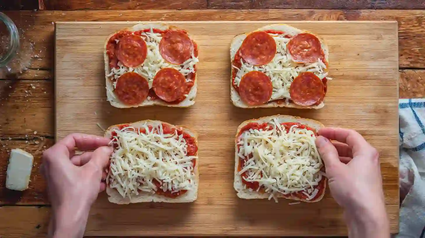 assembling-pizza-grilled-cheese-sandwiches Assembling pizza grilled cheese sandwiches with sauce, mozzarella, and pepperoni