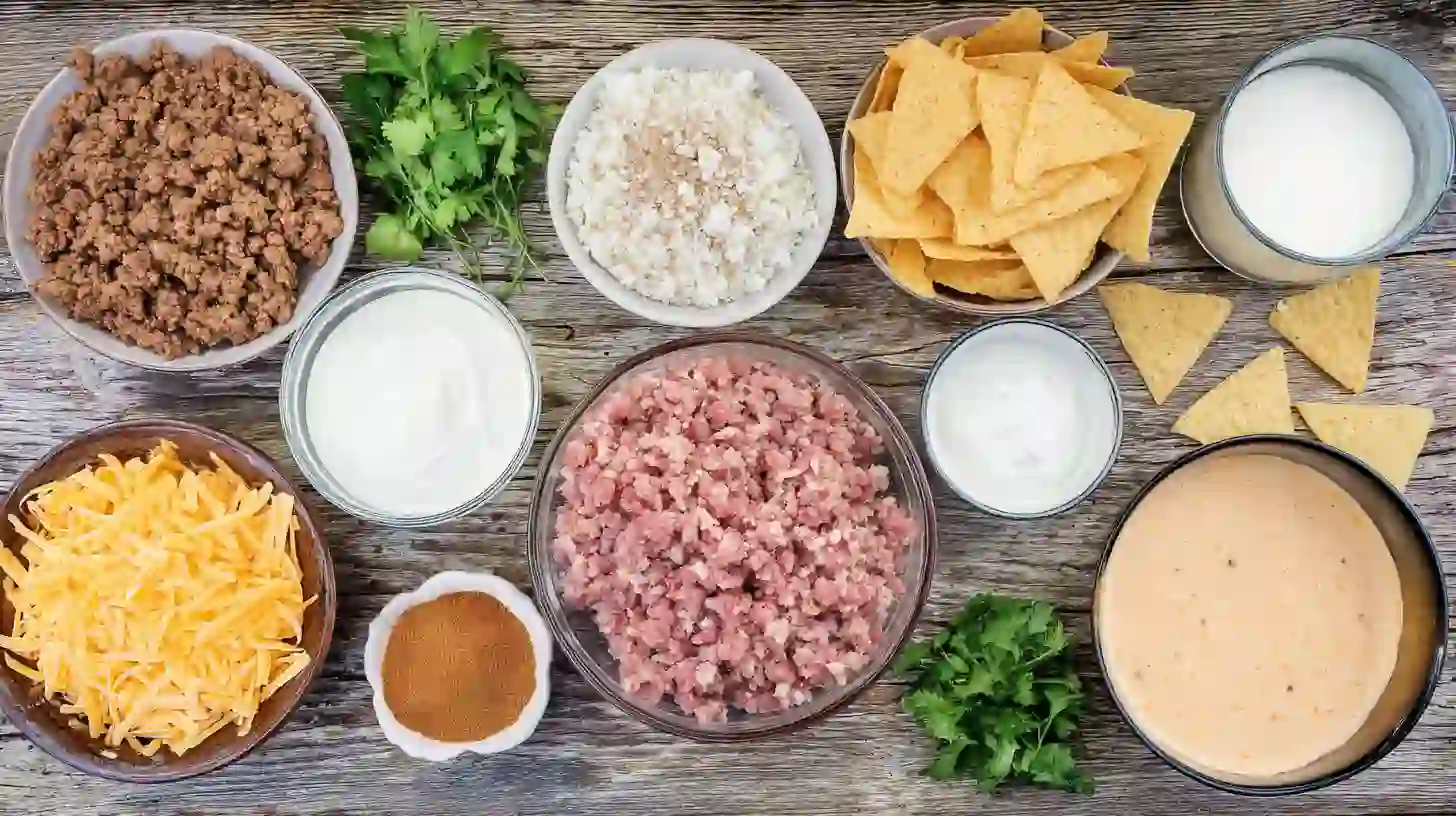 bacon-cheeseburger-queso-dip-Recipe-ingredients Ingredients for Bacon Cheeseburger Queso Dip Recipe on wooden counter