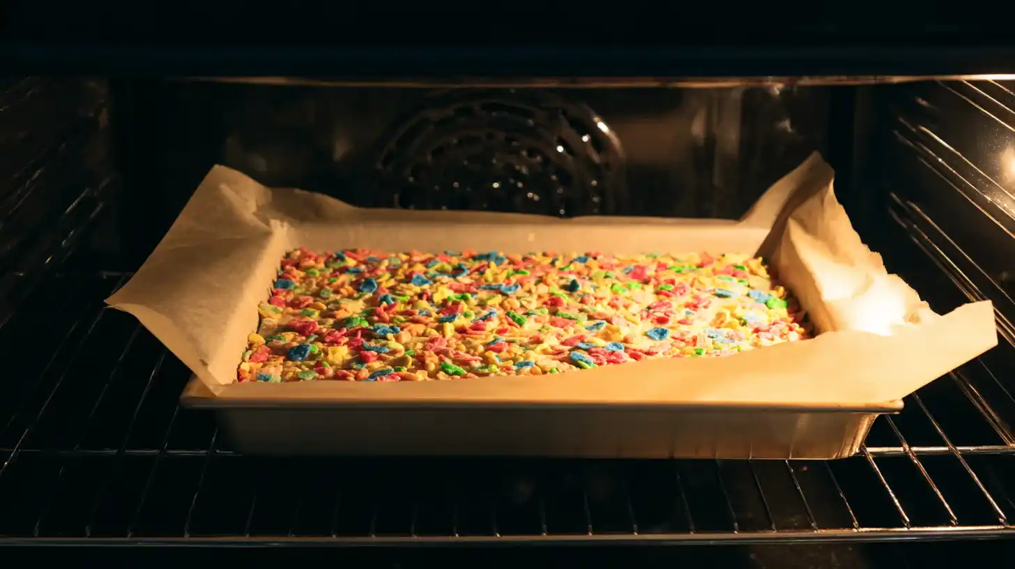 bake-cool-fruity-pebbles-cheesecake-bars Fruity Pebbles cheesecake bars baking in oven until golden