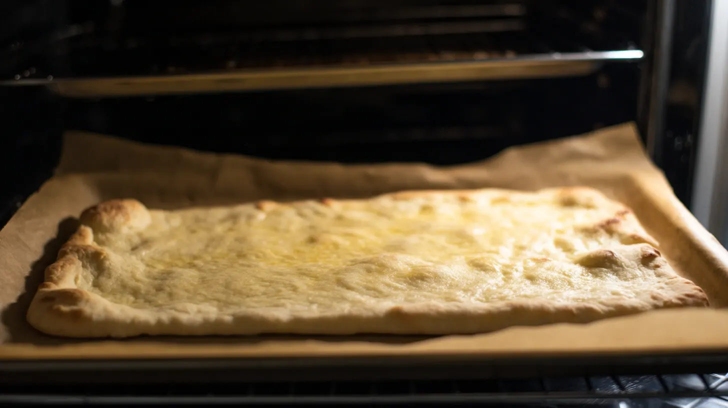 bake-crust-homemade-school-pizza Baked school pizza crust on sheet pan just out of oven